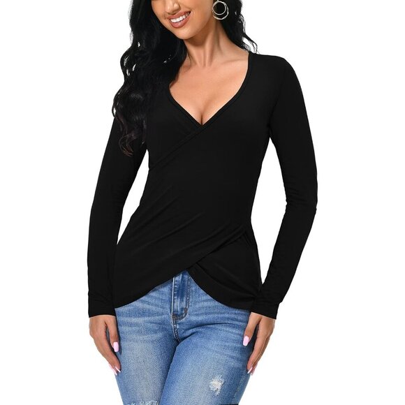 Women V-Neck Long Sleeve Slim Shirt Blouse Black Plus Size - Picture 3 of 7